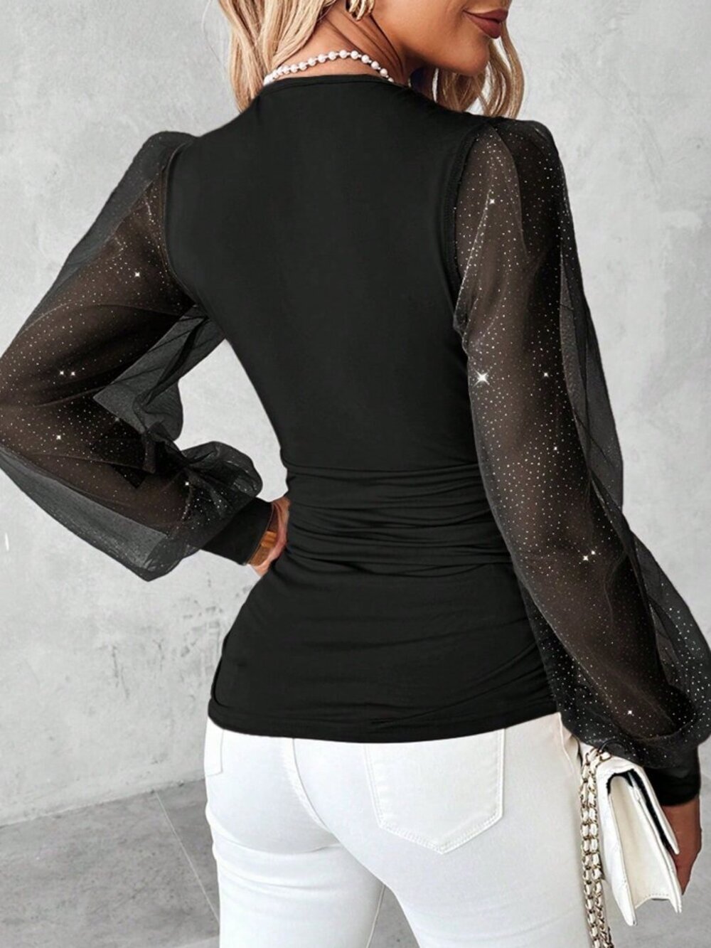 Black Elegant Women's Sequin V-Neck Sheer Sleeve Blouse - Picture 2 of 4